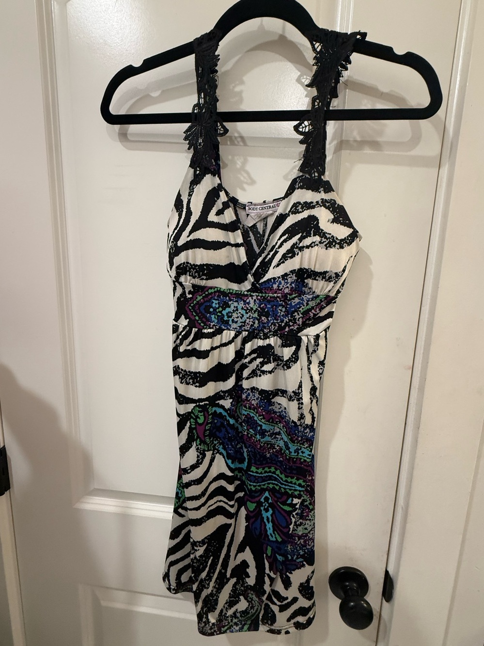 Body Central Y2K Zebra Paisley Lace Strap Mini Dress Size M